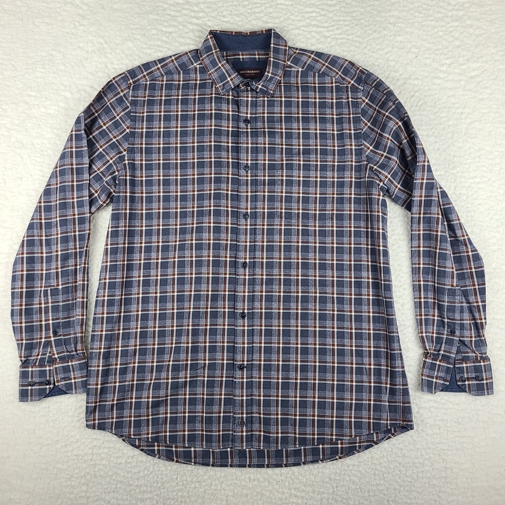 Johnston Murphy Dress Shirt Mens Large Dark Blue Red Check Plaid Button Up